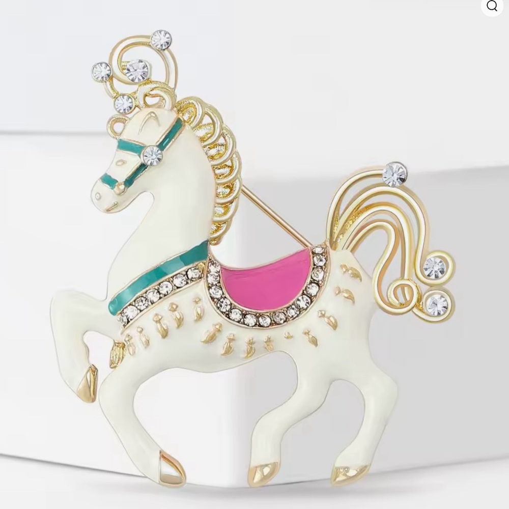 White Carousel Horse Brooch‎ with Gold Accents